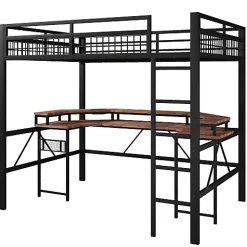 ModernLuxe Lit mezzanine 140x200cm - structure en fer - bureau intégré - LED - USB et prise - noir (matelas non inclus)* Lit Mezzanine