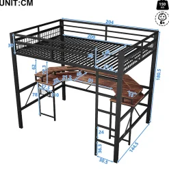 ModernLuxe Lit mezzanine 140x200cm - structure en fer - bureau intégré - LED - USB et prise - noir (matelas non inclus)* Lit Mezzanine