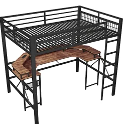 ModernLuxe Lit mezzanine 140x200cm - structure en fer - bureau intégré - LED - USB et prise - noir (matelas non inclus)* Lit Mezzanine