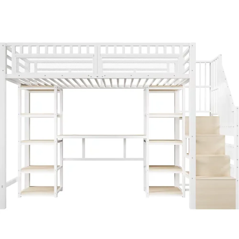 ModernLuxe Lit mezzanine 90x200cm - structure en fer - échelle de rangement - bureau - LED - USB - blanc (matelas non inclus)* Lit Mezzanine