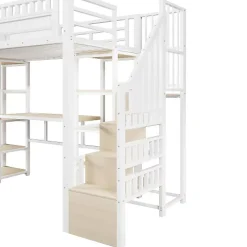 ModernLuxe Lit mezzanine 90x200cm - structure en fer - échelle de rangement - bureau - LED - USB - blanc (matelas non inclus)* Lit Mezzanine