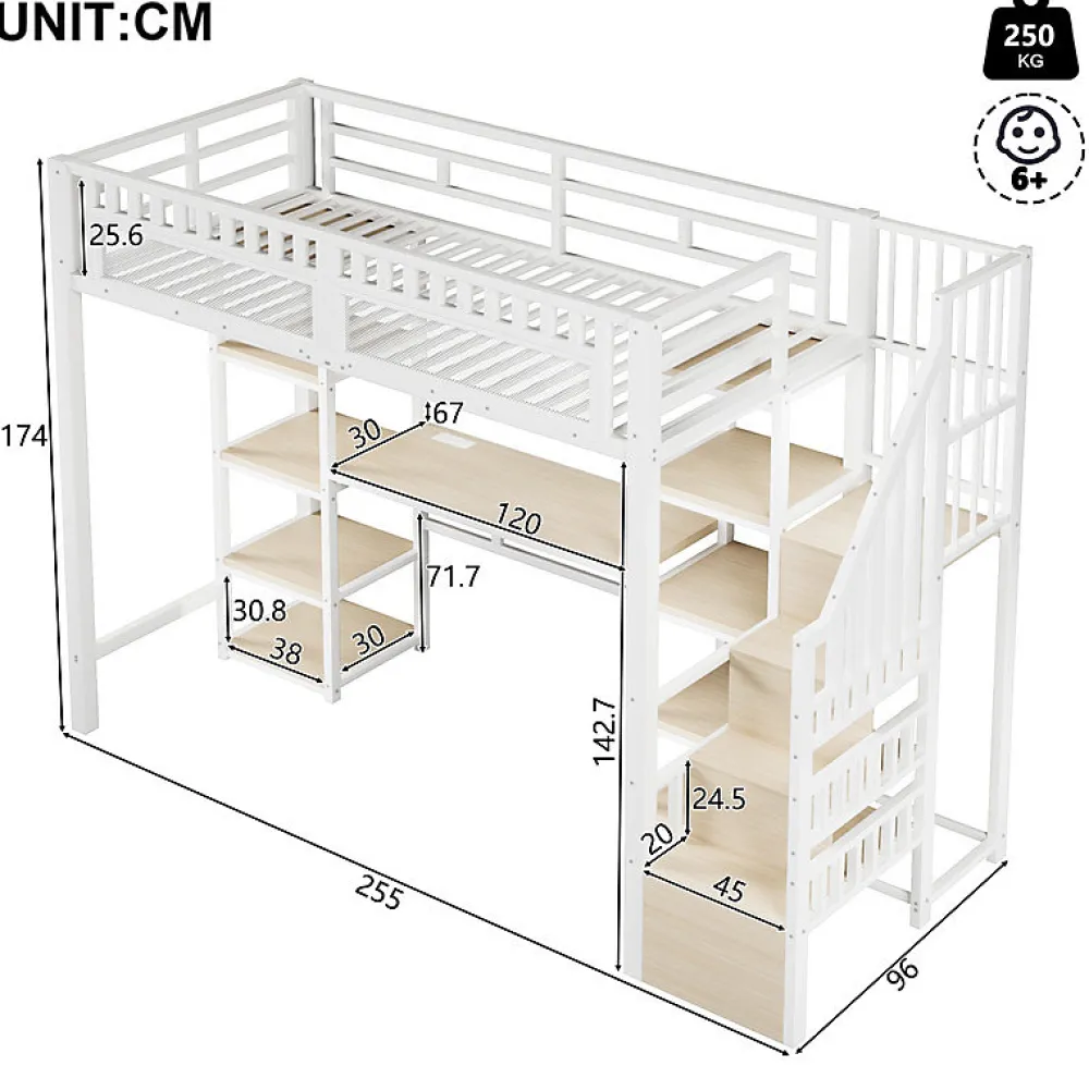 ModernLuxe Lit mezzanine 90x200cm - structure en fer - échelle de rangement - bureau - LED - USB - blanc (matelas non inclus)* Lit Mezzanine