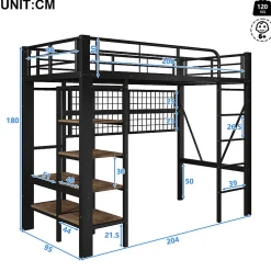 ModernLuxe Lit mezzanine 90x200cm - structure en fer - rangements - éclairage LED - noir (matelas non inclus)* Lit Mezzanine
