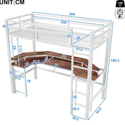 Lit mezzanine 90x200cm - structure en fer - bureau intégré - LED - USB et prise - blanc (matelas non inclus)><noscript><img width=