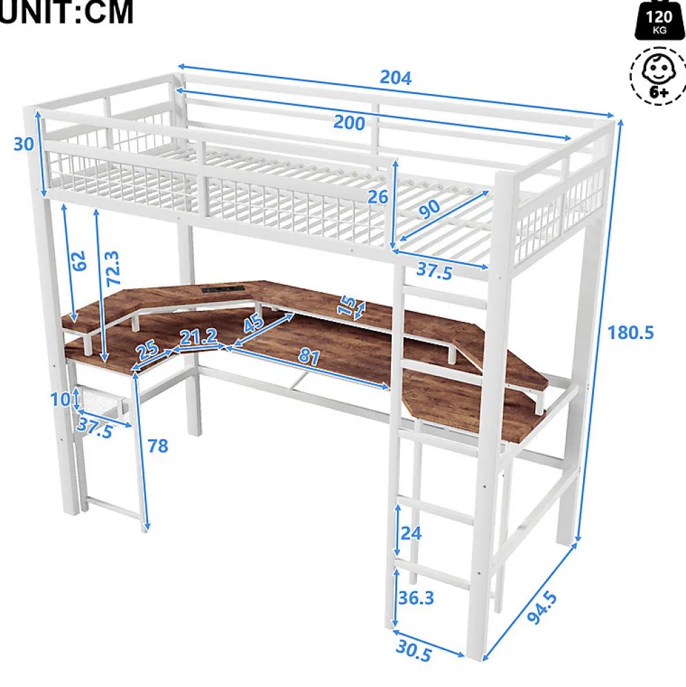 Lit mezzanine 90x200cm - structure en fer - bureau intégré - LED - USB et prise - blanc (matelas non inclus)>ModernLuxe Best