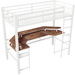 Lit mezzanine 90x200cm - structure en fer - bureau intégré - LED - USB et prise - blanc (matelas non inclus)><noscript><img width=