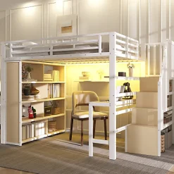 Lit mezzanine 140x200cm - structure en fer - bureau - rangements - LED - escalier - blanc (matelas non inclus)>ModernLuxe