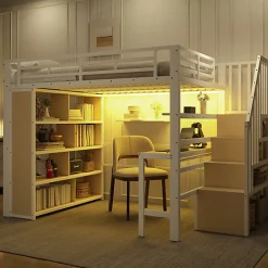 Lit mezzanine 140x200cm - structure en fer - bureau - rangements - LED - escalier - blanc (matelas non inclus)>ModernLuxe
