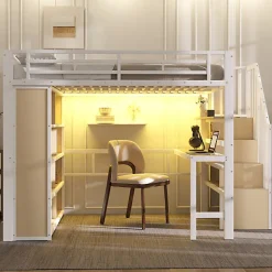 Lit mezzanine 140x200cm - structure en fer - bureau - rangements - LED - escalier - blanc (matelas non inclus)><noscript><img width=
