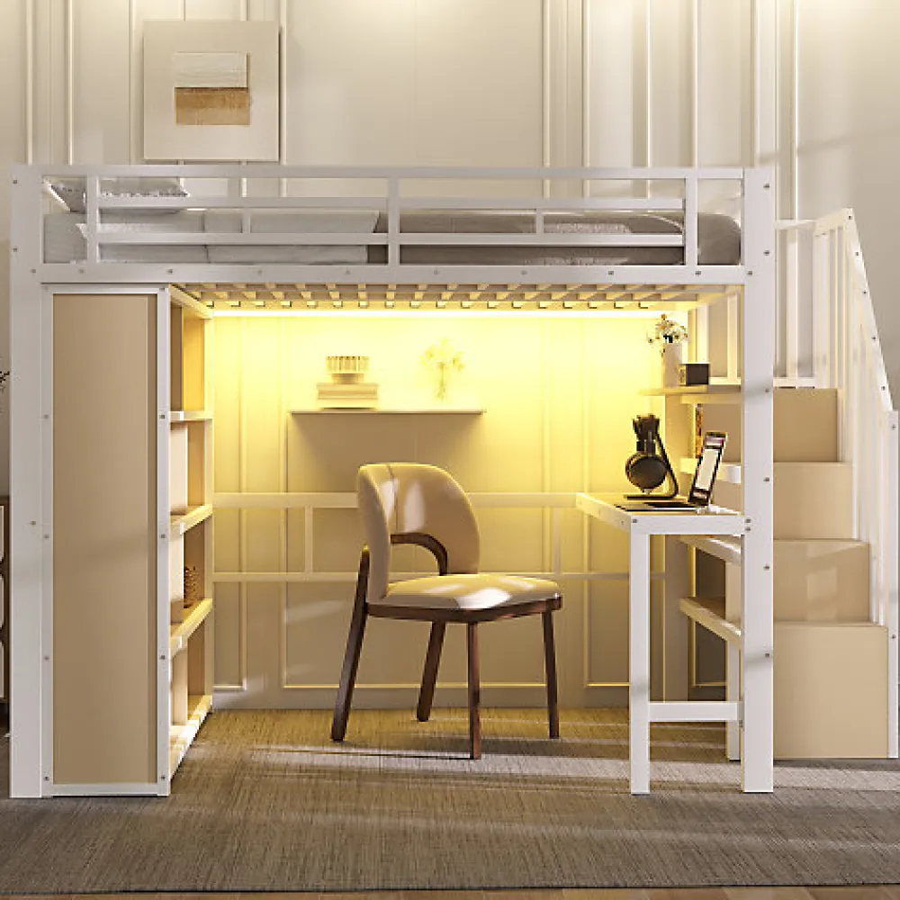 Lit mezzanine 140x200cm - structure en fer - bureau - rangements - LED - escalier - blanc (matelas non inclus)>ModernLuxe