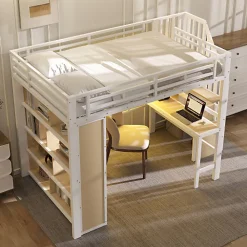 Lit mezzanine 140x200cm - structure en fer - bureau - rangements - LED - escalier - blanc (matelas non inclus)><noscript><img width=
