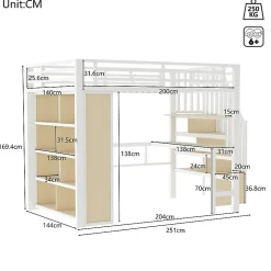 Lit mezzanine 140x200cm - structure en fer - bureau - rangements - LED - escalier - blanc (matelas non inclus)><noscript><img width=