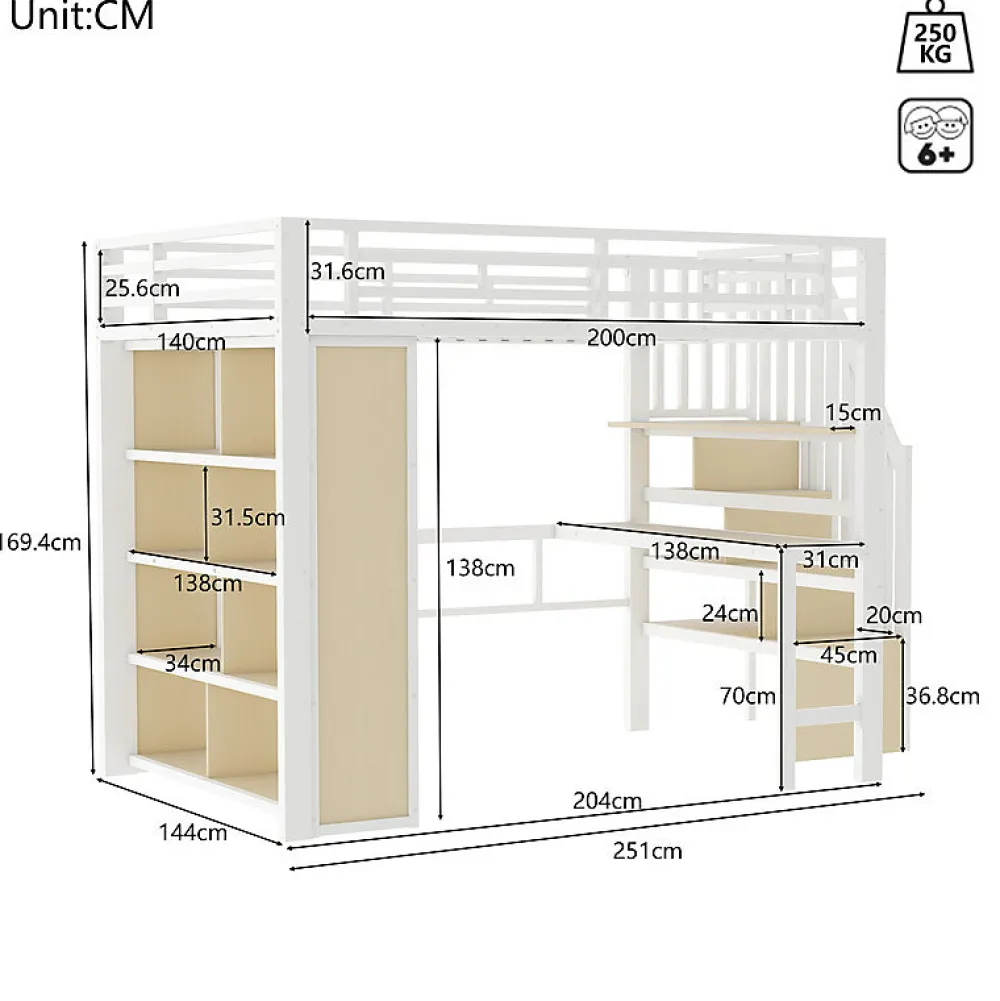 Lit mezzanine 140x200cm - structure en fer - bureau - rangements - LED - escalier - blanc (matelas non inclus)>ModernLuxe