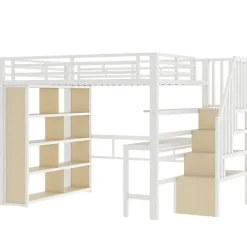 Lit mezzanine 140x200cm - structure en fer - bureau - rangements - LED - escalier - blanc (matelas non inclus)><noscript><img width=