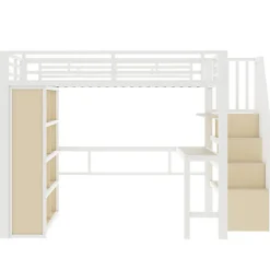 Lit mezzanine 140x200cm - structure en fer - bureau - rangements - LED - escalier - blanc (matelas non inclus)><noscript><img width=