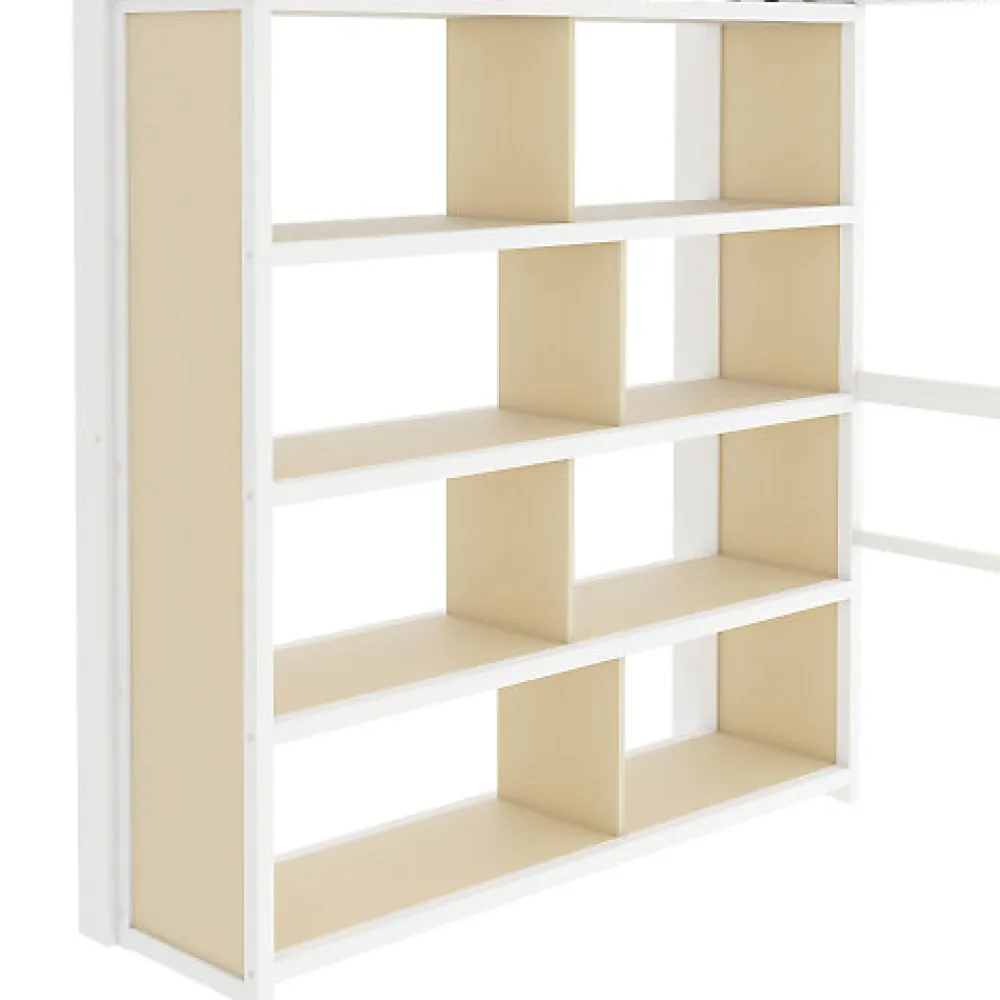 Lit mezzanine 140x200cm - structure en fer - bureau - rangements - LED - escalier - blanc (matelas non inclus)>ModernLuxe