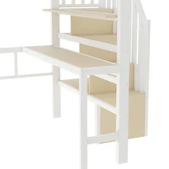 Lit mezzanine 140x200cm - structure en fer - bureau - rangements - LED - escalier - blanc (matelas non inclus)><noscript><img width=