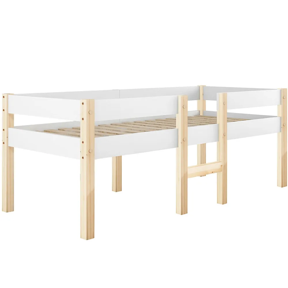 Lit mezzanine 90x190cm avec barrières de sécurité - en bois de pin massif - Blanc>ModernLuxe Clearance