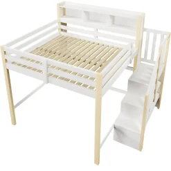 Lit mezzanine 140x200cm avec LED - avec échelle de rangement - compartiments de rangement - Blanc + Naturel (sans matelas)><noscript><img width=