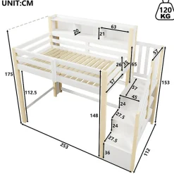ModernLuxe Lit mezzanine 90x200cm avec LED - avec échelle de rangement - compartiments de rangement - Blanc + Naturel (sans matelas)* Lit Mezzanine