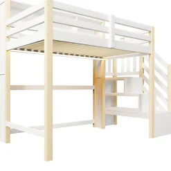 ModernLuxe Lit mezzanine 90x200cm avec LED - avec échelle de rangement - compartiments de rangement - Blanc + Naturel (sans matelas)* Lit Mezzanine