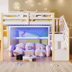 ModernLuxe Lit mezzanine 90x200cm avec LED - avec échelle de rangement - compartiments de rangement - Blanc + Naturel (sans matelas)* Lit Mezzanine
