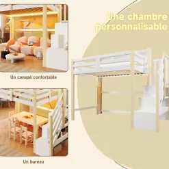 ModernLuxe Lit mezzanine 90x200cm avec LED - avec échelle de rangement - compartiments de rangement - Blanc + Naturel (sans matelas)* Lit Mezzanine