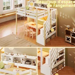 ModernLuxe Lit mezzanine 90x200cm avec LED - avec échelle de rangement - compartiments de rangement - Blanc + Naturel (sans matelas)* Lit Mezzanine