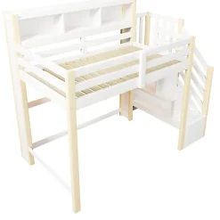 ModernLuxe Lit mezzanine 90x200cm avec LED - avec échelle de rangement - compartiments de rangement - Blanc + Naturel (sans matelas)* Lit Mezzanine