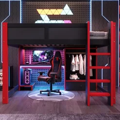 ModernLuxe Lit mezzanine 140x200cm avec LED - avec bureau - avec échelle et armoire - avec 1 tiroir - noir + rouge (matelas non inclus)* Lit Mezzanine