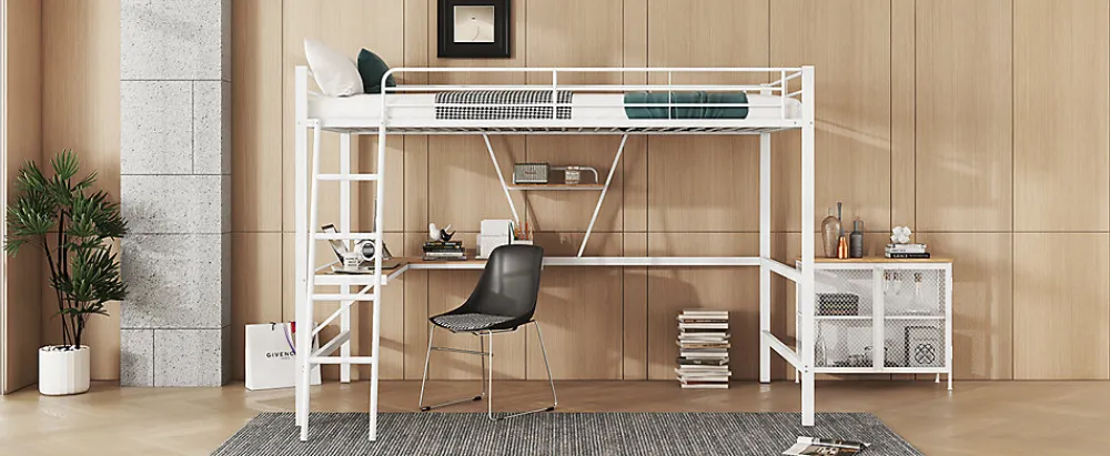 Lit mezzanine 90x200cm blanc avec bureau en L et étagère, structure en métal, sans matelas>Simple Life Clearance