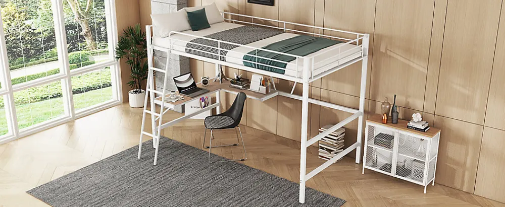 Lit mezzanine 90x200cm blanc avec bureau en L et étagère, structure en métal, sans matelas>Simple Life Clearance