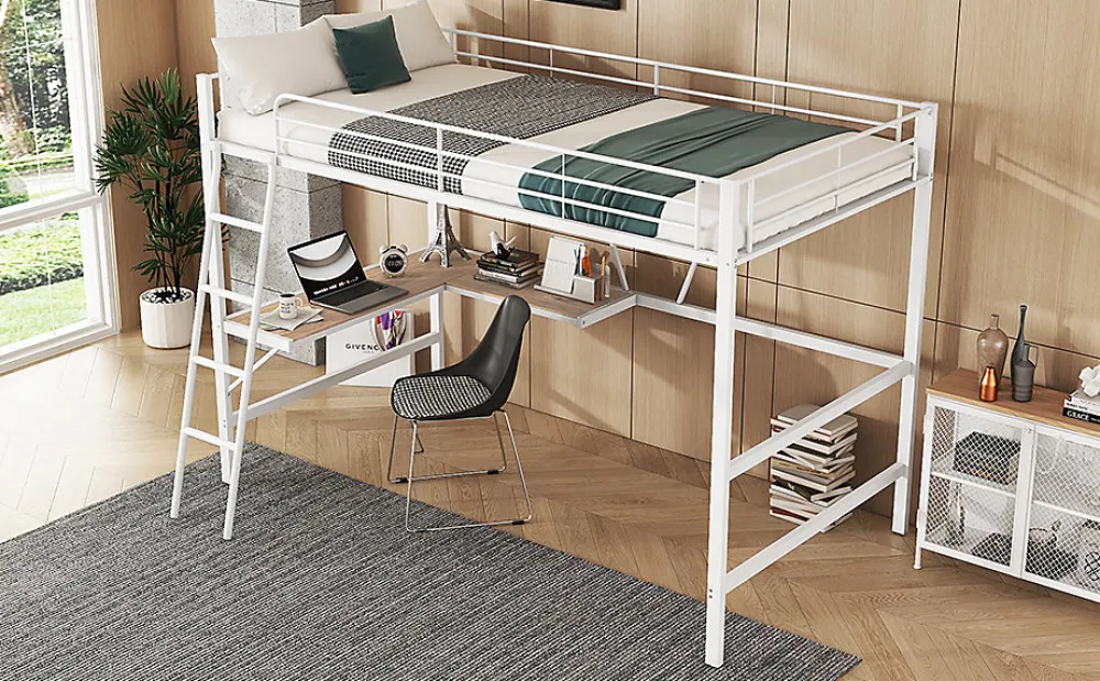 Lit mezzanine 90x200cm blanc avec bureau en L et étagère, structure en métal, sans matelas>Simple Life Clearance