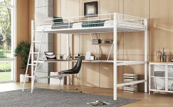 Lit mezzanine 90x200cm blanc avec bureau en L et étagère, structure en métal, sans matelas><noscript><img width=