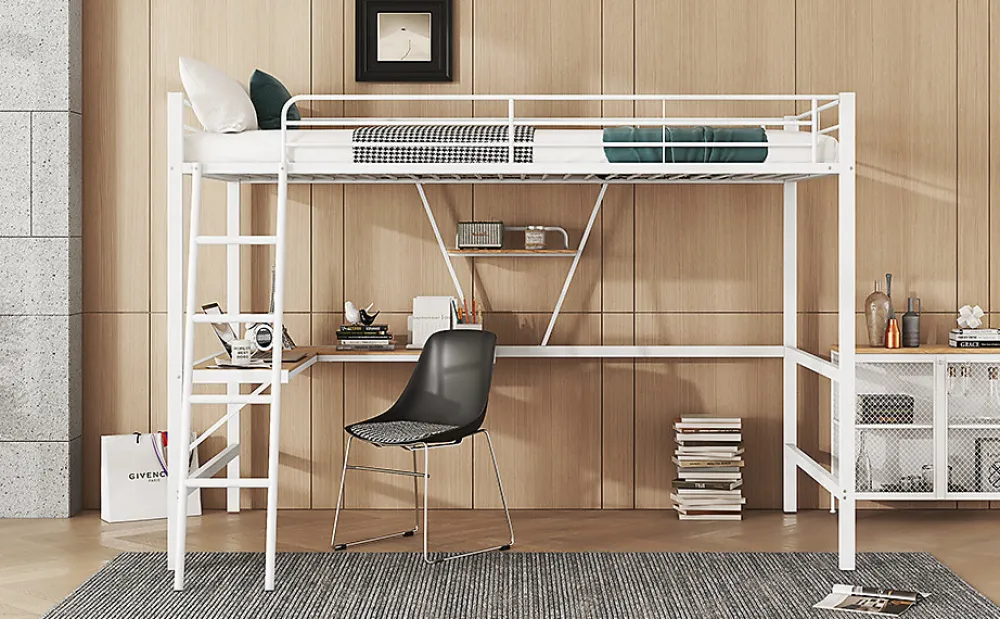 Lit mezzanine 90x200cm blanc avec bureau en L et étagère, structure en métal, sans matelas>Simple Life Clearance