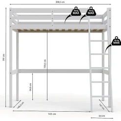 Lit Mezzanine 140x190cm blanc SALA avec incl. Sommier et échelle><noscript><img width=
