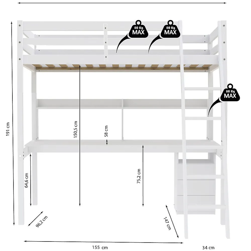 Lit Mezzanine 90x190cm blanc SALA avec Bureau et commode incl. Sommier et échelle>Bb Loisir Best