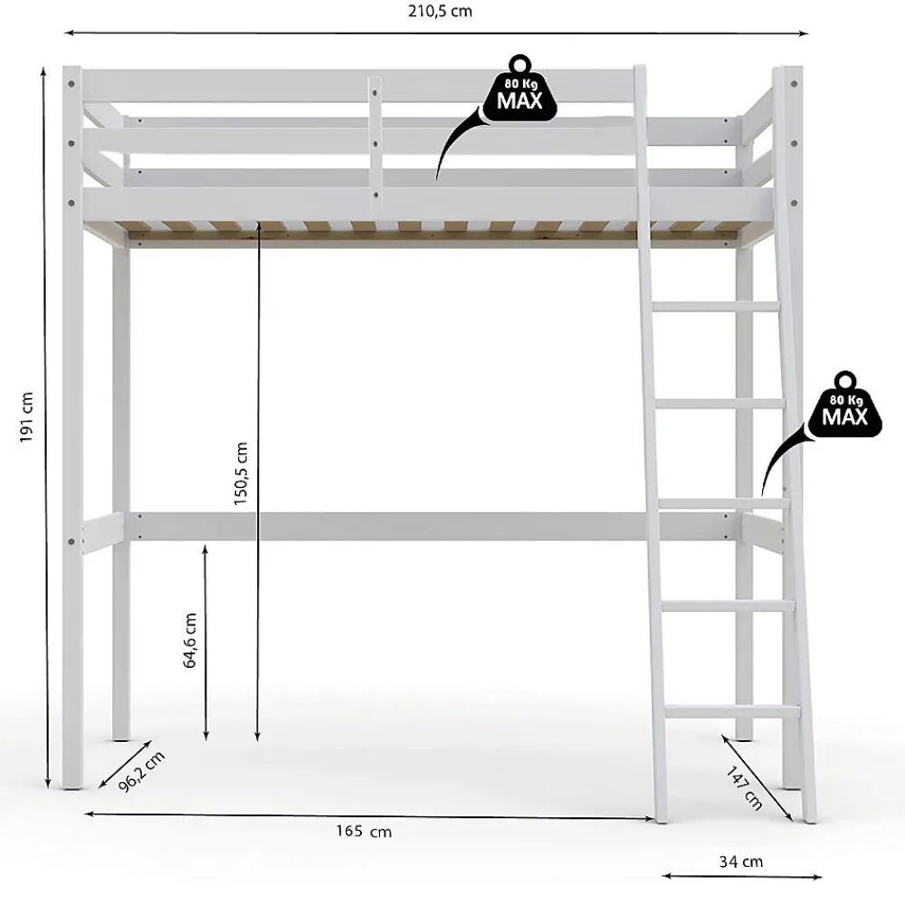 Bb Loisir Lit Mezzanine 90x200cm blanc SALA avec incl. Sommier et échelle* Lit Mezzanine