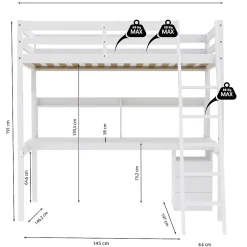 Lit Mezzanine 140x190cm blanc SALA avec Bureau et commode incl. Sommier et échelle><noscript><img width=