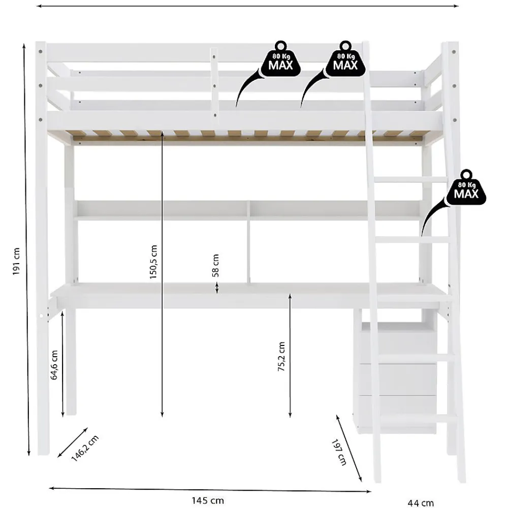 Lit Mezzanine 140x190cm blanc SALA avec Bureau et commode incl. Sommier et échelle>Bb Loisir Discount