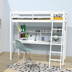 Lit Mezzanine 90x190cm blanc SALA avec Bureau et étagères incl. Sommier et échelle>Bb Loisir Best