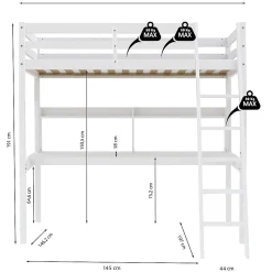 Lit Mezzanine 140x190cm blanc SALA avec Bureau et étagères incl. Sommier et échelle><noscript><img width=