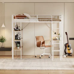 Lit mezzanine 90x200cm, cadre en métal, lit surélevé avec échelle, bureau et 3 grandes étagères pour enfants, adolescents, blanc><noscript><img width=
