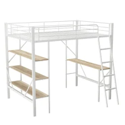Lit mezzanine 90x200cm, cadre en métal, lit surélevé avec échelle, bureau et 3 grandes étagères pour enfants, adolescents, blanc><noscript><img width=
