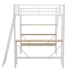 Lit mezzanine 90x200cm, cadre en métal, lit surélevé avec échelle, bureau et 3 grandes étagères pour enfants, adolescents, blanc><noscript><img width=
