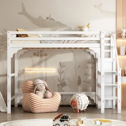Lit mezzanine 140x200cm, lit d'enfant avec sommier à lattes, escalier avec armoire de rangement, anti-chute, blanc>ProximaX Discount