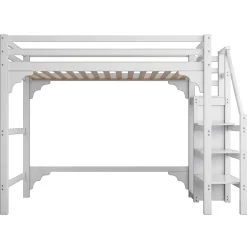 Lit mezzanine 140x200cm, lit d'enfant avec sommier à lattes, escalier avec armoire de rangement, anti-chute, blanc><noscript><img width=