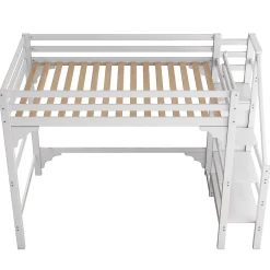 Lit mezzanine 140x200cm, lit d'enfant avec sommier à lattes, escalier avec armoire de rangement, anti-chute, blanc><noscript><img width=