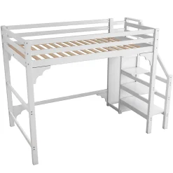 Lit mezzanine 140x200cm, lit d'enfant avec sommier à lattes, escalier avec armoire de rangement, anti-chute, blanc><noscript><img width=
