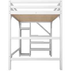 Lit mezzanine 140x200cm, lit d'enfant avec sommier à lattes, escalier avec armoire de rangement, anti-chute, blanc><noscript><img width=